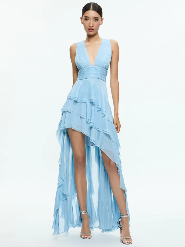 Alice Olivia HOLLY LOW NECK ASYMMETRIC RUFFLED MAXI DRESS Mineral Blue Women Dresses