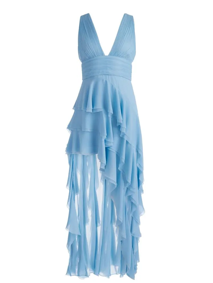 Alice Olivia HOLLY LOW NECK ASYMMETRIC RUFFLED MAXI DRESS Mineral Blue Women Dresses
