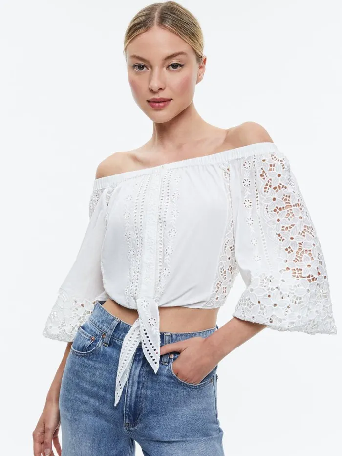 Alice Olivia IVY OFF THE SHOULDER CROPPED TOP Off White Women Tops