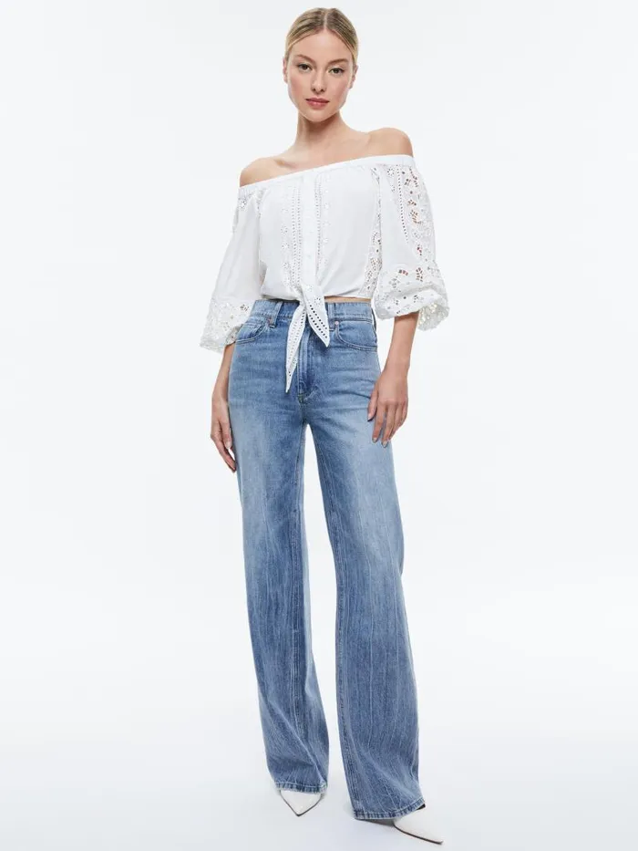 Alice Olivia IVY OFF THE SHOULDER CROPPED TOP Off White Women Tops