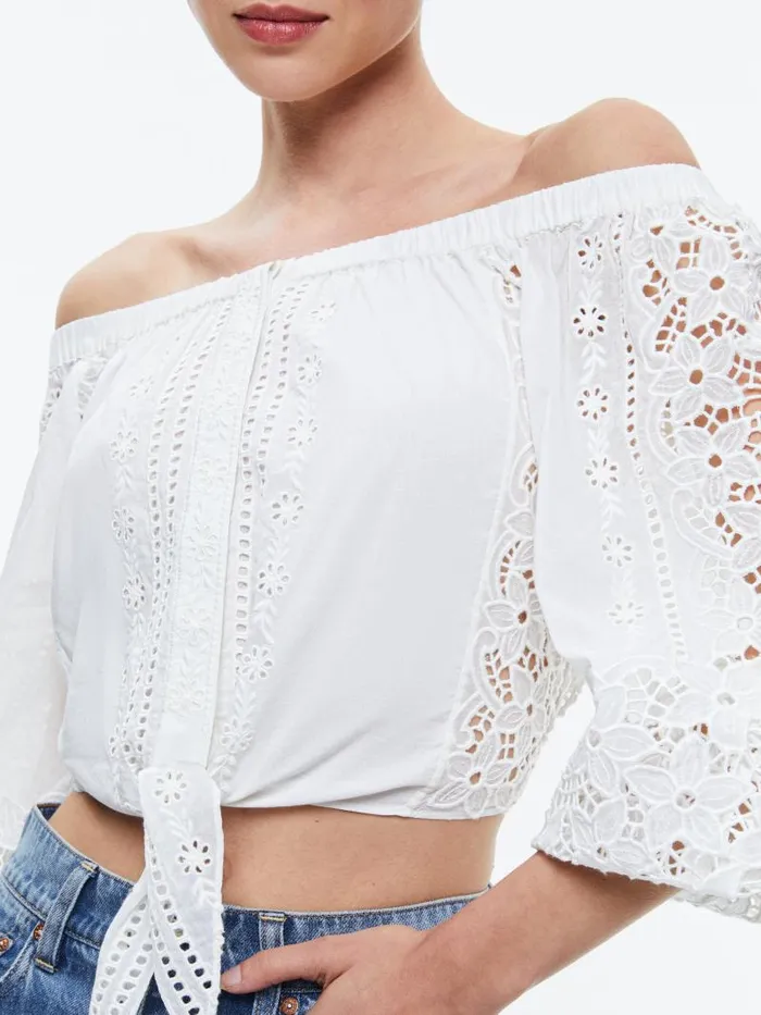 Alice Olivia IVY OFF THE SHOULDER CROPPED TOP Off White Women Tops