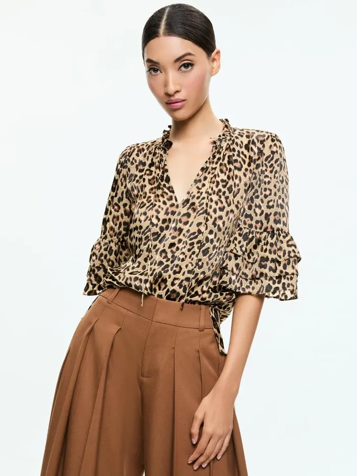 Alice Olivia JULIUS TIERED SLEEVE TUNIC TOP Leopard Love Women Tops