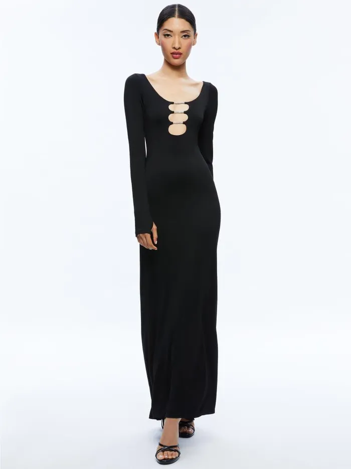 Alice Olivia KALENA SCOOP NECK CUTOUT MAXI DRESS Black Women Dresses