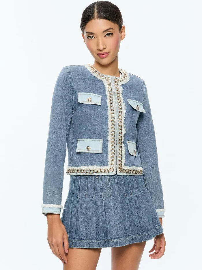 Alice Olivia LANDON CROPPED JACKET WITH GOLD CHAIN Avery Blue Women Jackets Coats