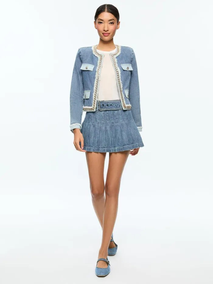 Alice Olivia LANDON CROPPED JACKET WITH GOLD CHAIN Avery Blue Women Jackets Coats