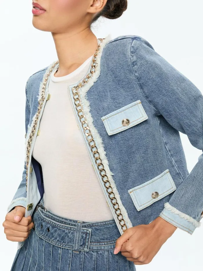 Alice Olivia LANDON CROPPED JACKET WITH GOLD CHAIN Avery Blue Women Jackets Coats