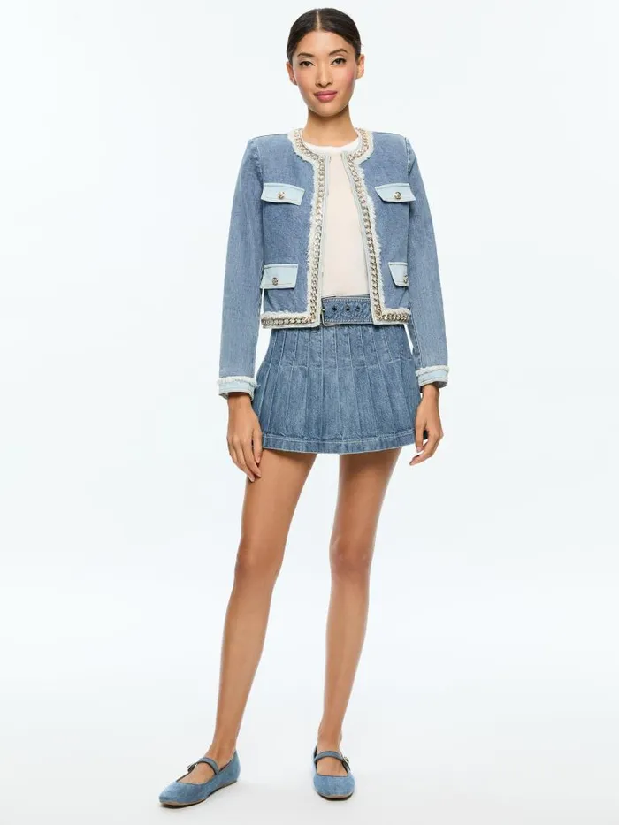 Alice Olivia LANDON CROPPED JACKET WITH GOLD CHAIN Avery Blue Women Jackets Coats