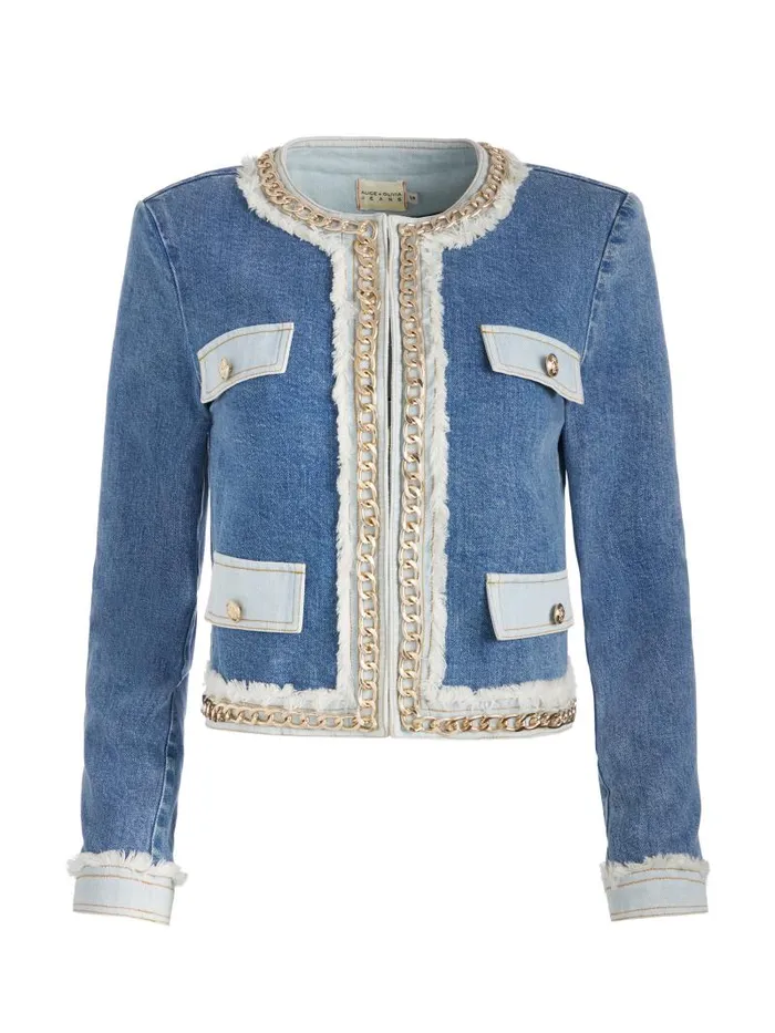 Alice Olivia LANDON CROPPED JACKET WITH GOLD CHAIN Avery Blue Women Jackets Coats