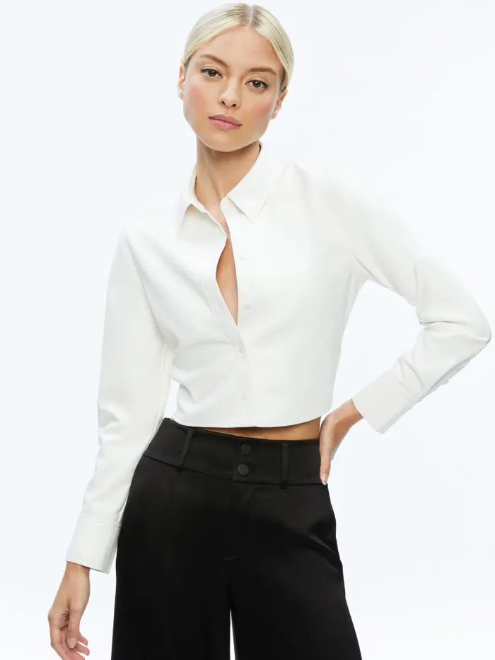 Alice Olivia LEON CROPPED VEGAN LEATHER BUTTON DOWN Black Women Tops