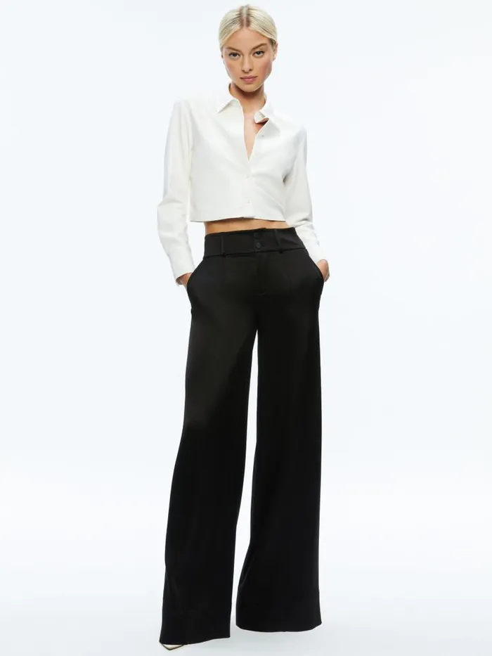 Alice Olivia LEON CROPPED VEGAN LEATHER BUTTON DOWN Black Women Tops