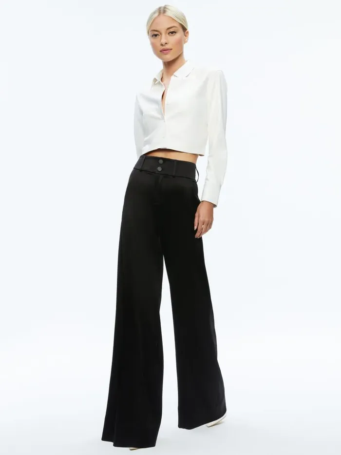 Alice Olivia LEON CROPPED VEGAN LEATHER BUTTON DOWN Black Women Tops