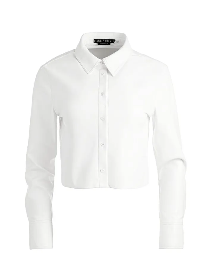 Alice Olivia LEON CROPPED VEGAN LEATHER BUTTON DOWN Black Women Tops