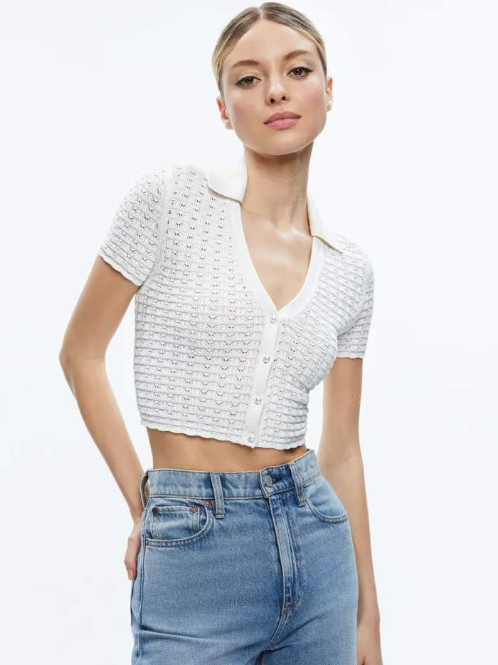 Alice Olivia LINDA CROPPED POLO Soft White Women Tops