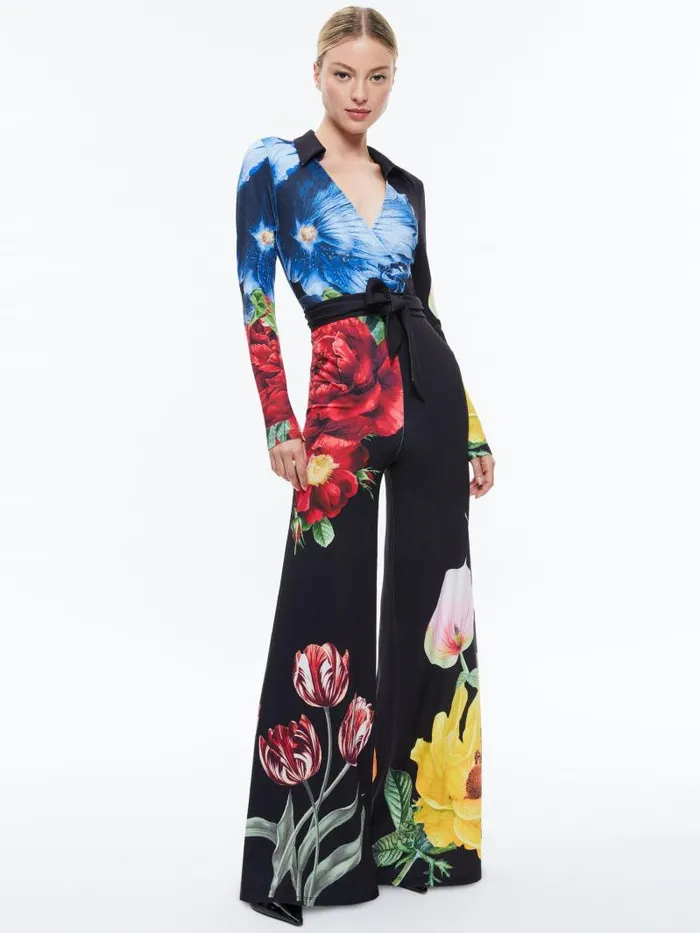 Alice Olivia MELINDA WIDE LEG WRAP JUMPSUIT Le Parisien Black Women Jumpsuits Rompers