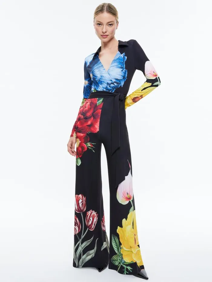 Alice Olivia MELINDA WIDE LEG WRAP JUMPSUIT Le Parisien Black Women Jumpsuits Rompers