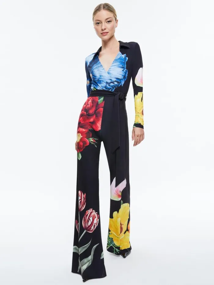 Alice Olivia MELINDA WIDE LEG WRAP JUMPSUIT Le Parisien Black Women Jumpsuits Rompers