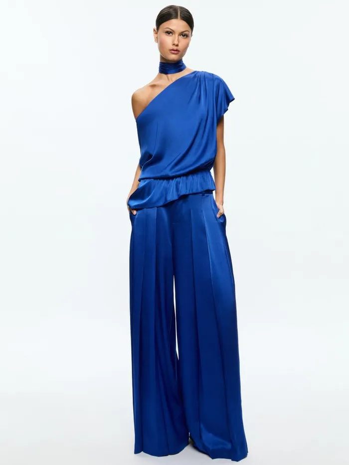 Alice Olivia MITSUKO DRAPED ONE SHOULDER ASYMMETRIC BLOUSE WITH SCARF Royal Women Tops