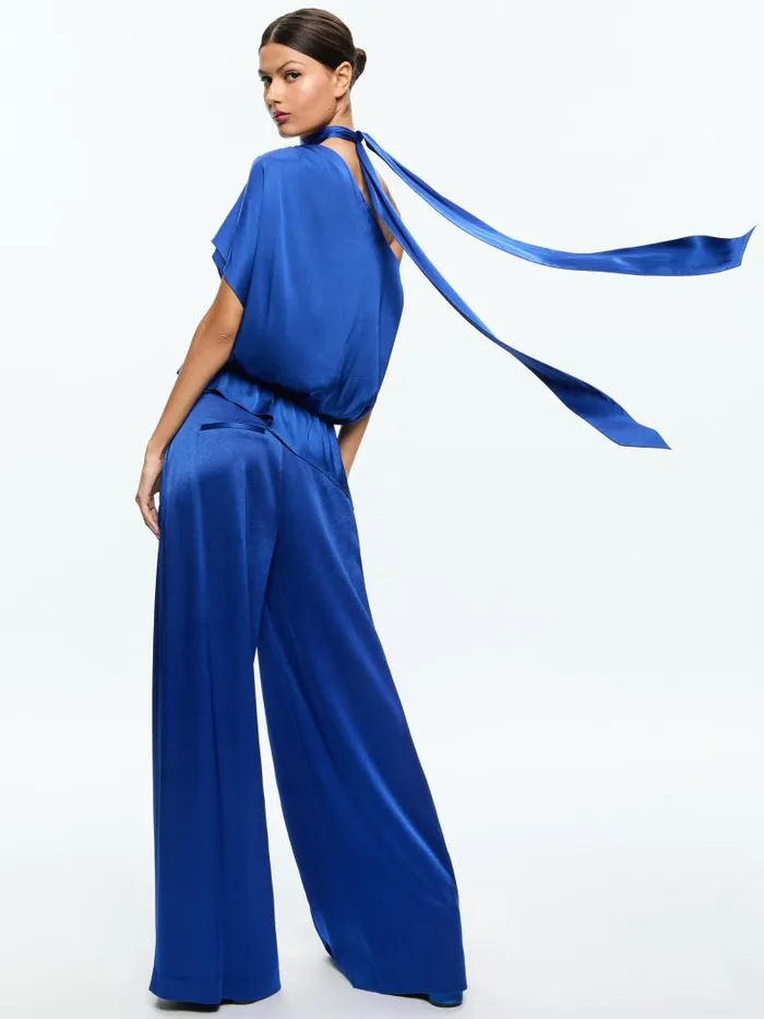 Alice Olivia MITSUKO DRAPED ONE SHOULDER ASYMMETRIC BLOUSE WITH SCARF Royal Women Tops