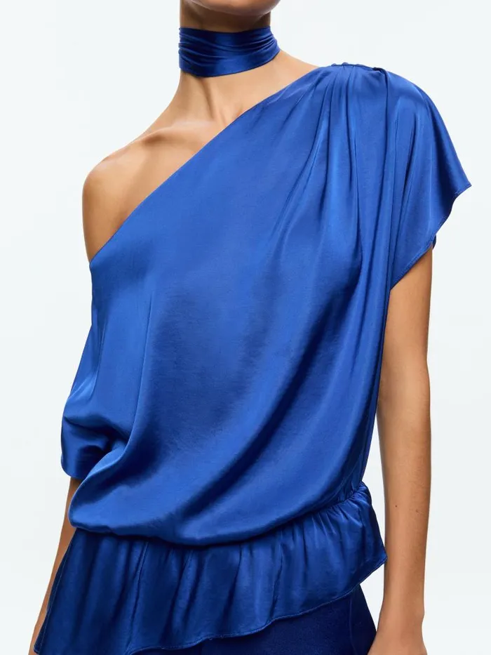 Alice Olivia MITSUKO DRAPED ONE SHOULDER ASYMMETRIC BLOUSE WITH SCARF Royal Women Tops