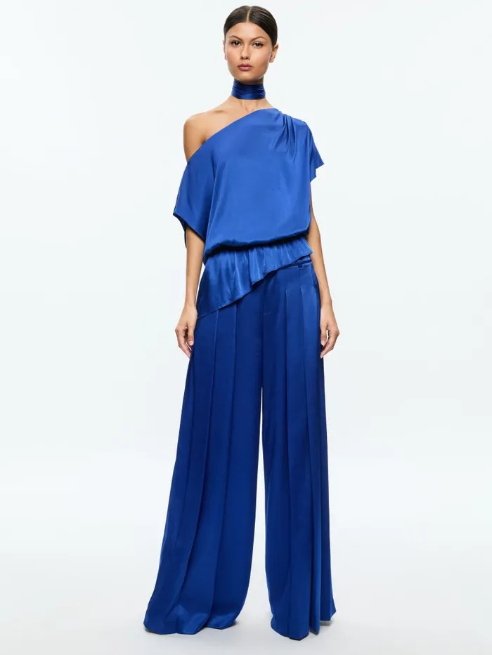 Alice Olivia MITSUKO DRAPED ONE SHOULDER ASYMMETRIC BLOUSE WITH SCARF Royal Women Tops
