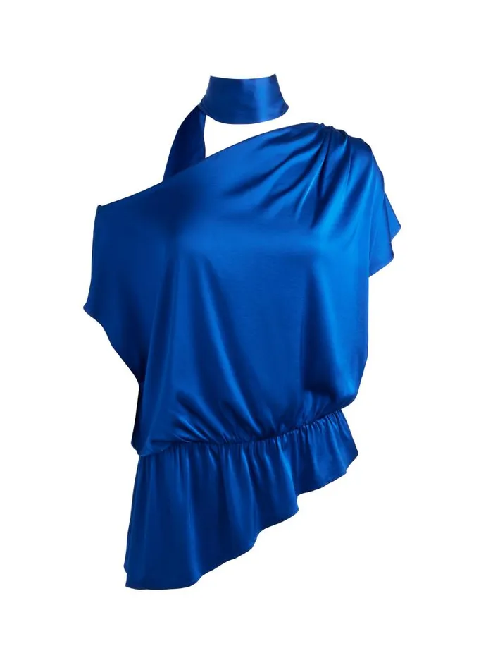 Alice Olivia MITSUKO DRAPED ONE SHOULDER ASYMMETRIC BLOUSE WITH SCARF Royal Women Tops