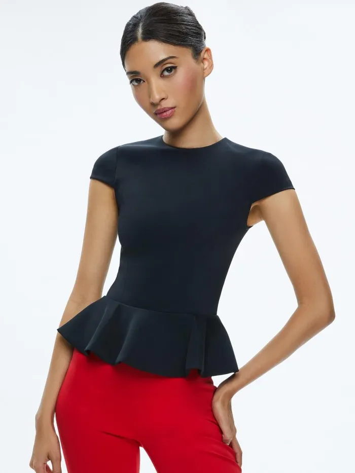 Alice Olivia POPPY CREW NECK CAP SLEEVE PEPLUM TOP Black Women Tops