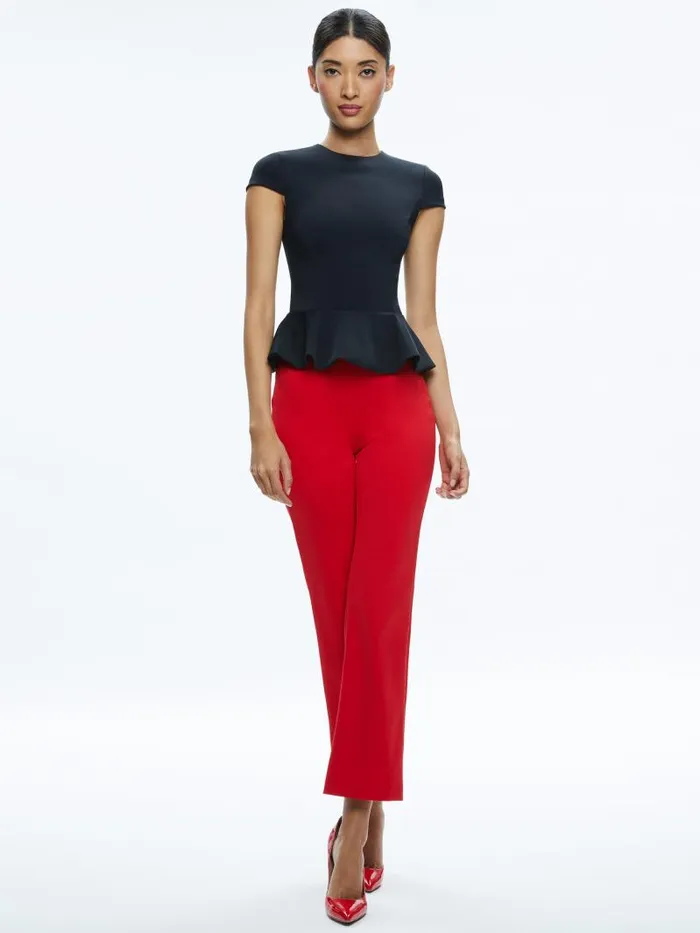 Alice Olivia POPPY CREW NECK CAP SLEEVE PEPLUM TOP Black Women Tops