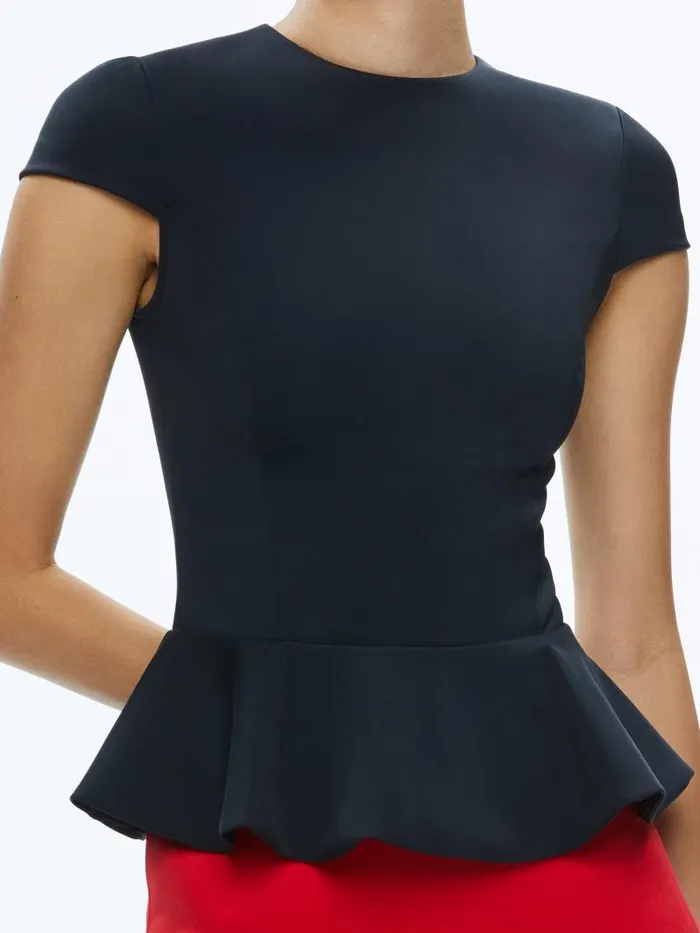 Alice Olivia POPPY CREW NECK CAP SLEEVE PEPLUM TOP Black Women Tops