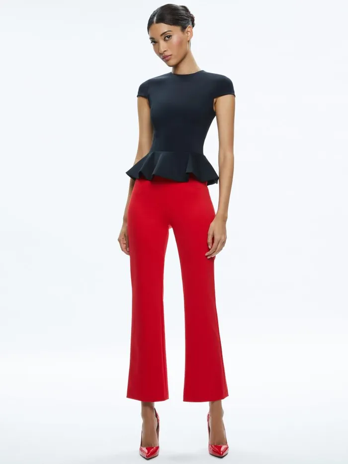 Alice Olivia POPPY CREW NECK CAP SLEEVE PEPLUM TOP Black Women Tops