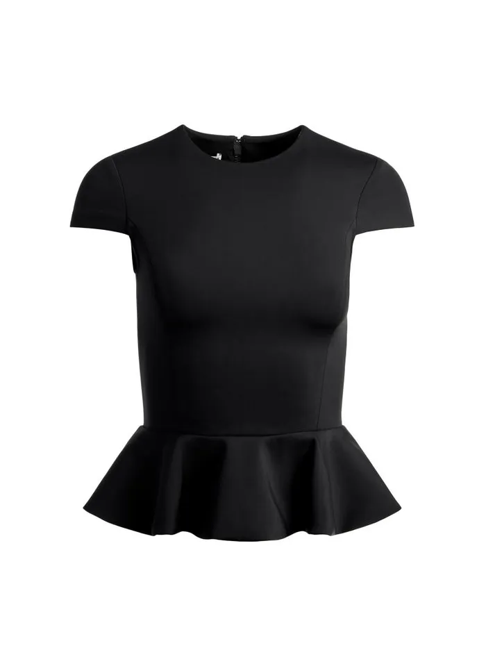 Alice Olivia POPPY CREW NECK CAP SLEEVE PEPLUM TOP Black Women Tops