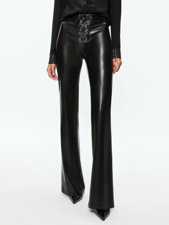 Alice Olivia RAVYN VEGAN LEATHER LACE UP BOOTCUT PANT Black Women Pants