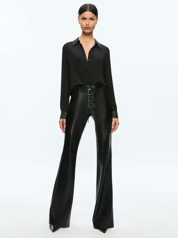 Alice Olivia RAVYN VEGAN LEATHER LACE UP BOOTCUT PANT Black Women Pants