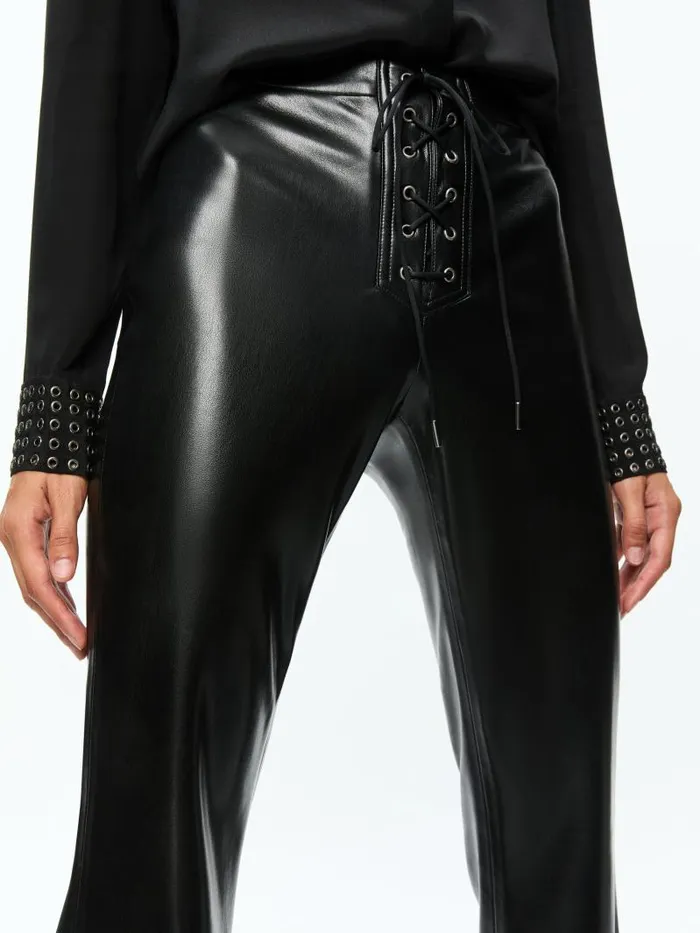 Alice Olivia RAVYN VEGAN LEATHER LACE UP BOOTCUT PANT Black Women Pants