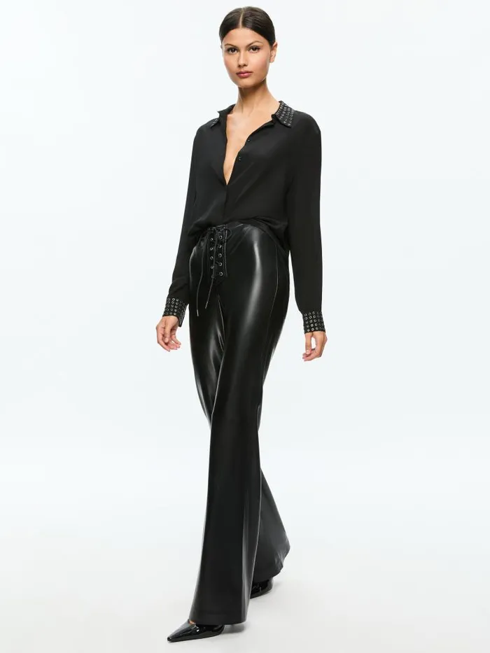 Alice Olivia RAVYN VEGAN LEATHER LACE UP BOOTCUT PANT Black Women Pants