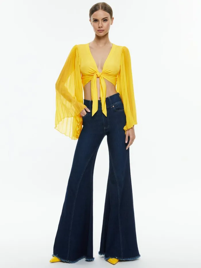 Alice Olivia ROCHELLE TIE FRONT PLEATED CROP TOP Happy Yellow Women Tops