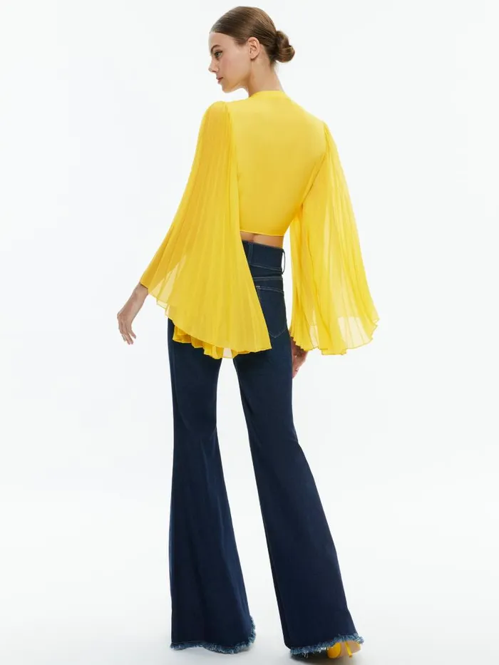 Alice Olivia ROCHELLE TIE FRONT PLEATED CROP TOP Happy Yellow Women Tops