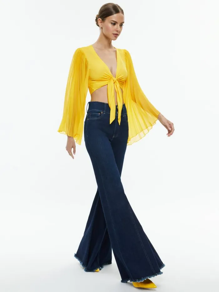 Alice Olivia ROCHELLE TIE FRONT PLEATED CROP TOP Happy Yellow Women Tops