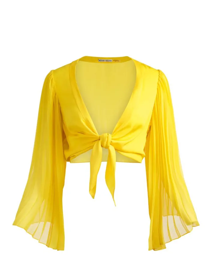 Alice Olivia ROCHELLE TIE FRONT PLEATED CROP TOP Happy Yellow Women Tops