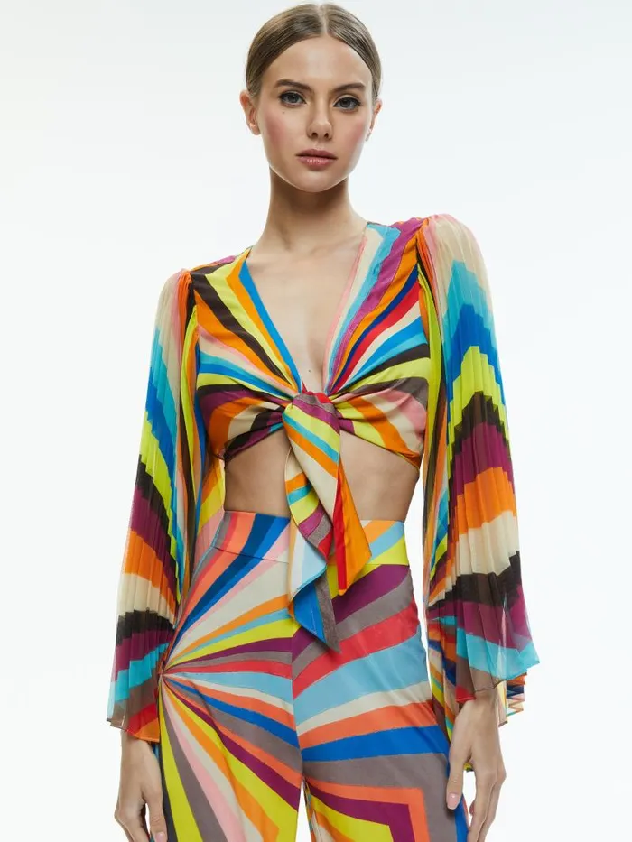 Alice Olivia ROCHELLE TIE FRONT PLEATED CROP TOP Pomelo Stripe Women Tops