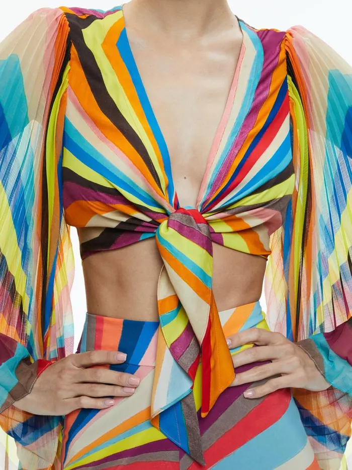 Alice Olivia ROCHELLE TIE FRONT PLEATED CROP TOP Pomelo Stripe Women Tops