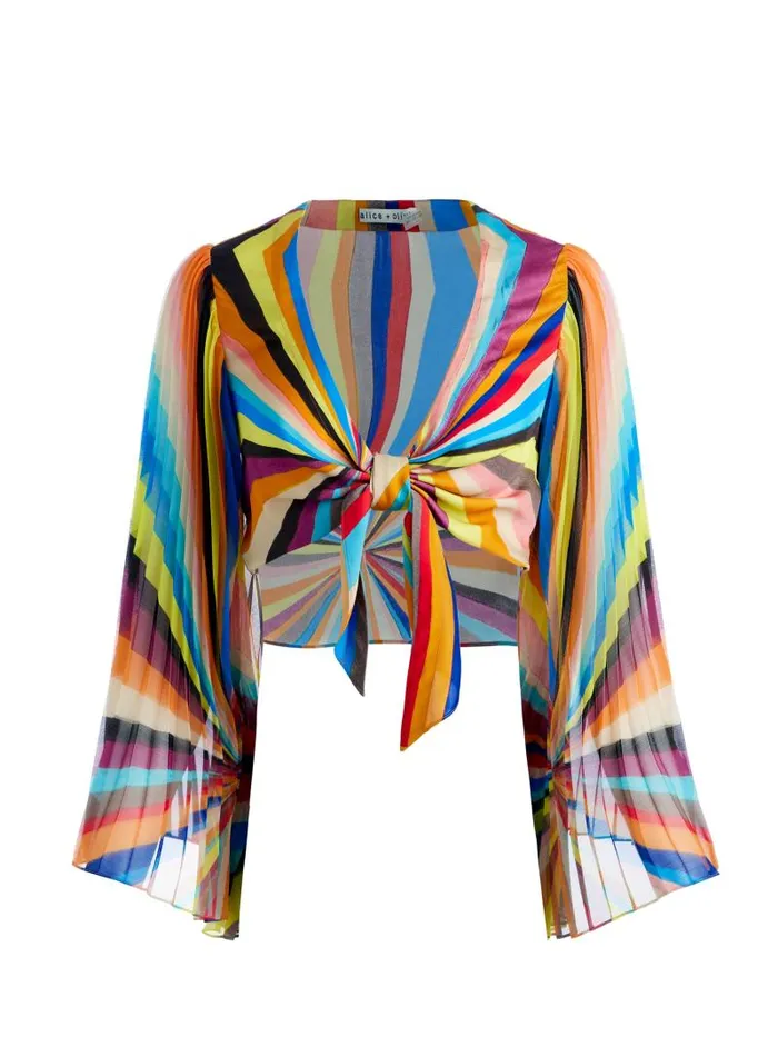 Alice Olivia ROCHELLE TIE FRONT PLEATED CROP TOP Pomelo Stripe Women Tops