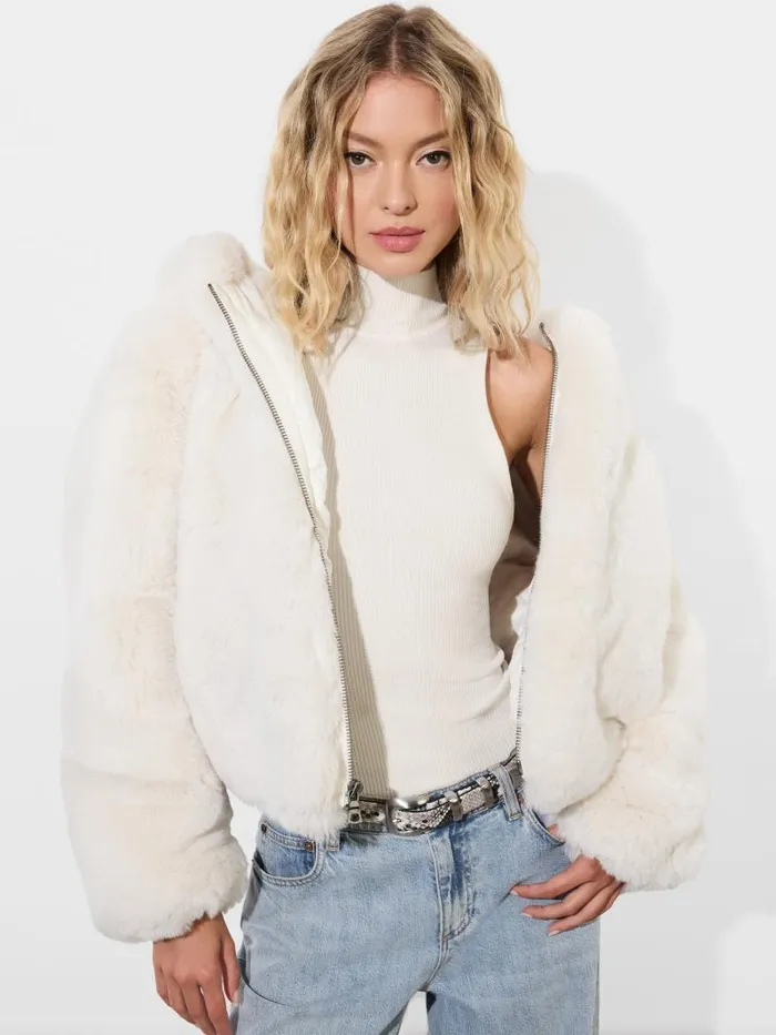 Alice Olivia ROWE CROPPED FAUX FUR BOMBER JACKET WITH HOOD Off White Women Jackets Coats