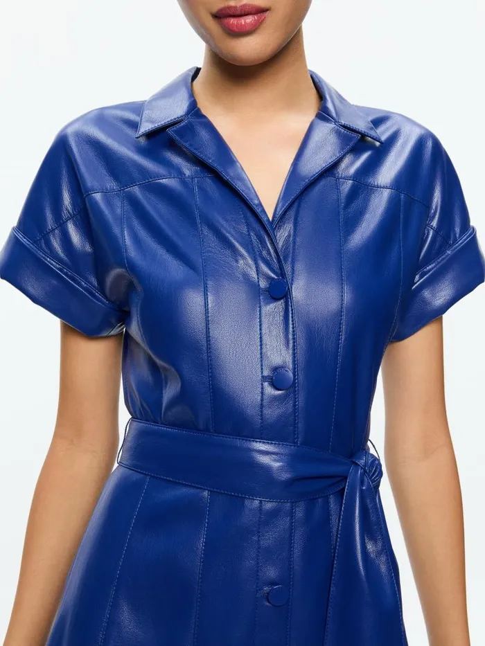 Alice Olivia SHIRLEY SHORT SLEEVE VEGAN LEATHER PLEATED MINI SHIRT DRESS Royal Women Dresses