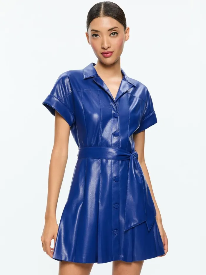 Alice Olivia SHIRLEY SHORT SLEEVE VEGAN LEATHER PLEATED MINI SHIRT DRESS Royal Women Dresses