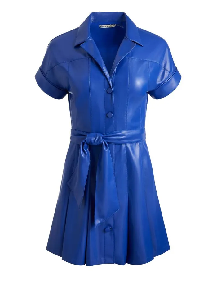 Alice Olivia SHIRLEY SHORT SLEEVE VEGAN LEATHER PLEATED MINI SHIRT DRESS Royal Women Dresses