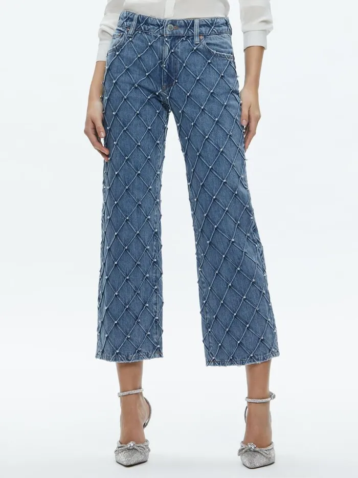 Alice Olivia WEEZY QUILTED EMBELLISHED CROPPED MID RISE JEAN Light Indigo Women Jeans