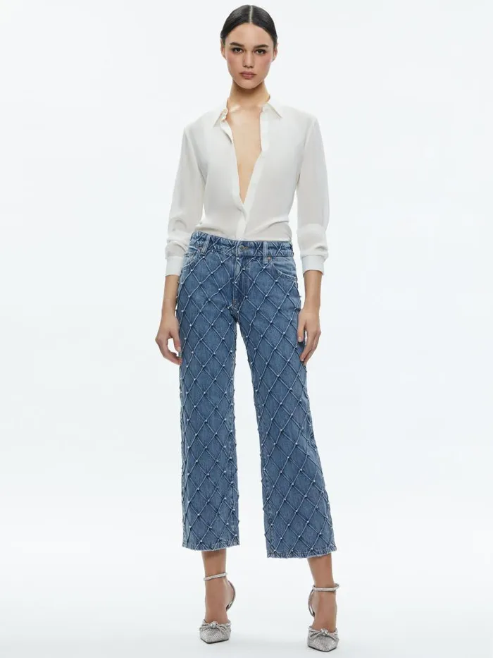 Alice Olivia WEEZY QUILTED EMBELLISHED CROPPED MID RISE JEAN Light Indigo Women Jeans