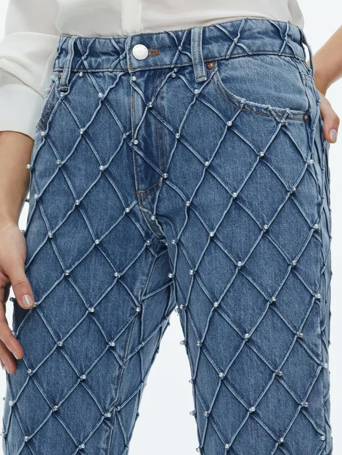 Alice Olivia WEEZY QUILTED EMBELLISHED CROPPED MID RISE JEAN Light Indigo Women Jeans