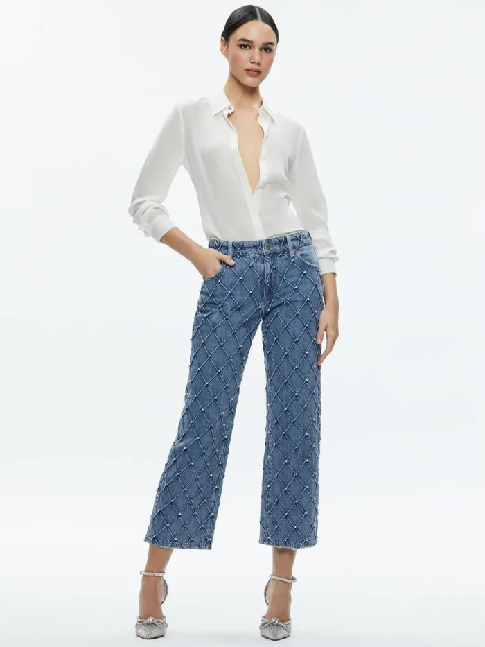 Alice Olivia WEEZY QUILTED EMBELLISHED CROPPED MID RISE JEAN Light Indigo Women Jeans