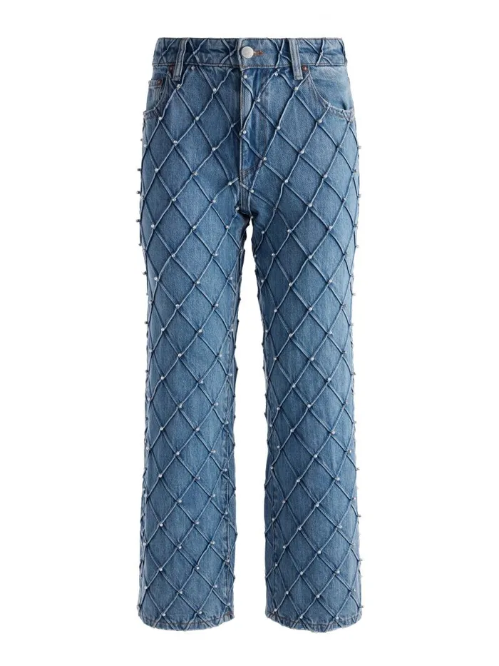 Alice Olivia WEEZY QUILTED EMBELLISHED CROPPED MID RISE JEAN Light Indigo Women Jeans